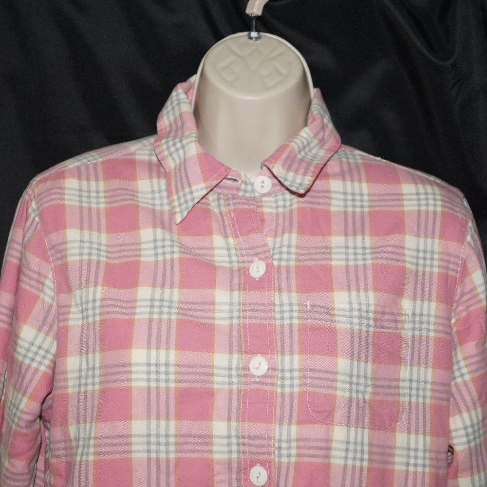LL Bean Women's Pink Blue White Plaid Fleece Lined Flannel Long Sleeve Shirt XS